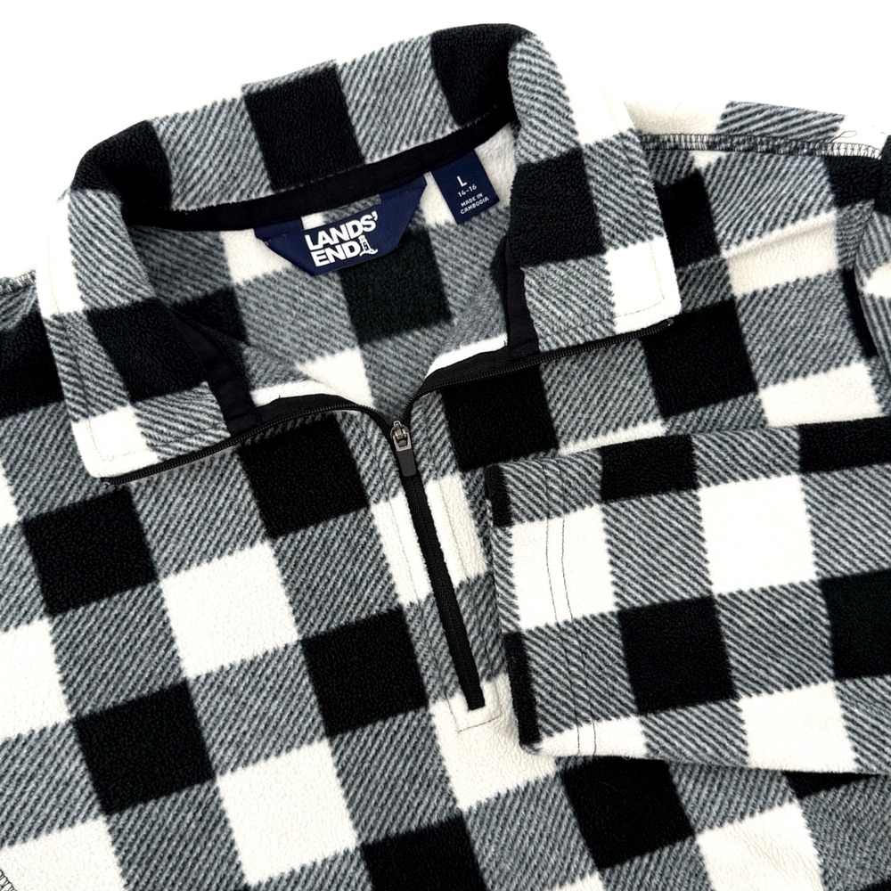 Lands End Fleece Pullover Womens L Black White Good Buffalo Plaid 1/4 Zip